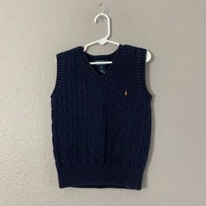 Polo Ralph Lauren Boys Size 5 Cable Knit Sweater Vest Navy Blue Natural Pony